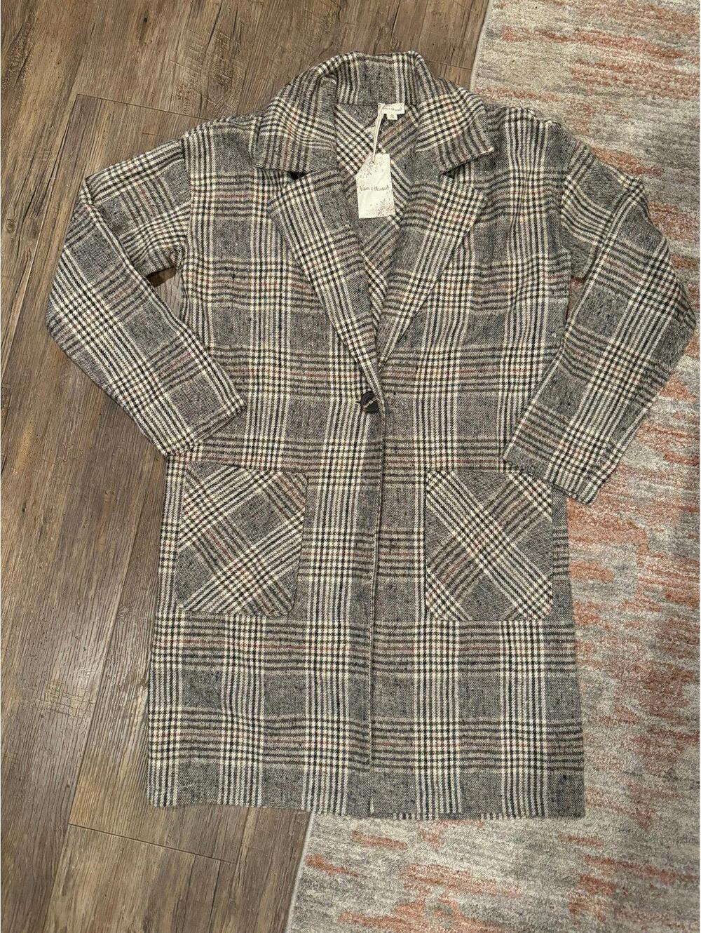 NWT Women’s Hem & Thread Long Neutral Plaid Fall Winter Blazer Jacket Sz M